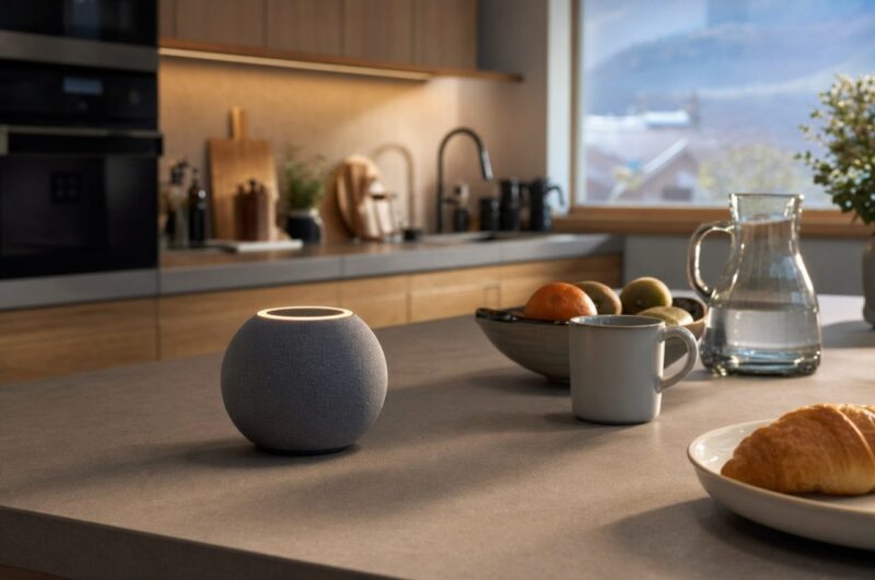 Petite enceinte connectée sur un plan de travail de cuisine moderne