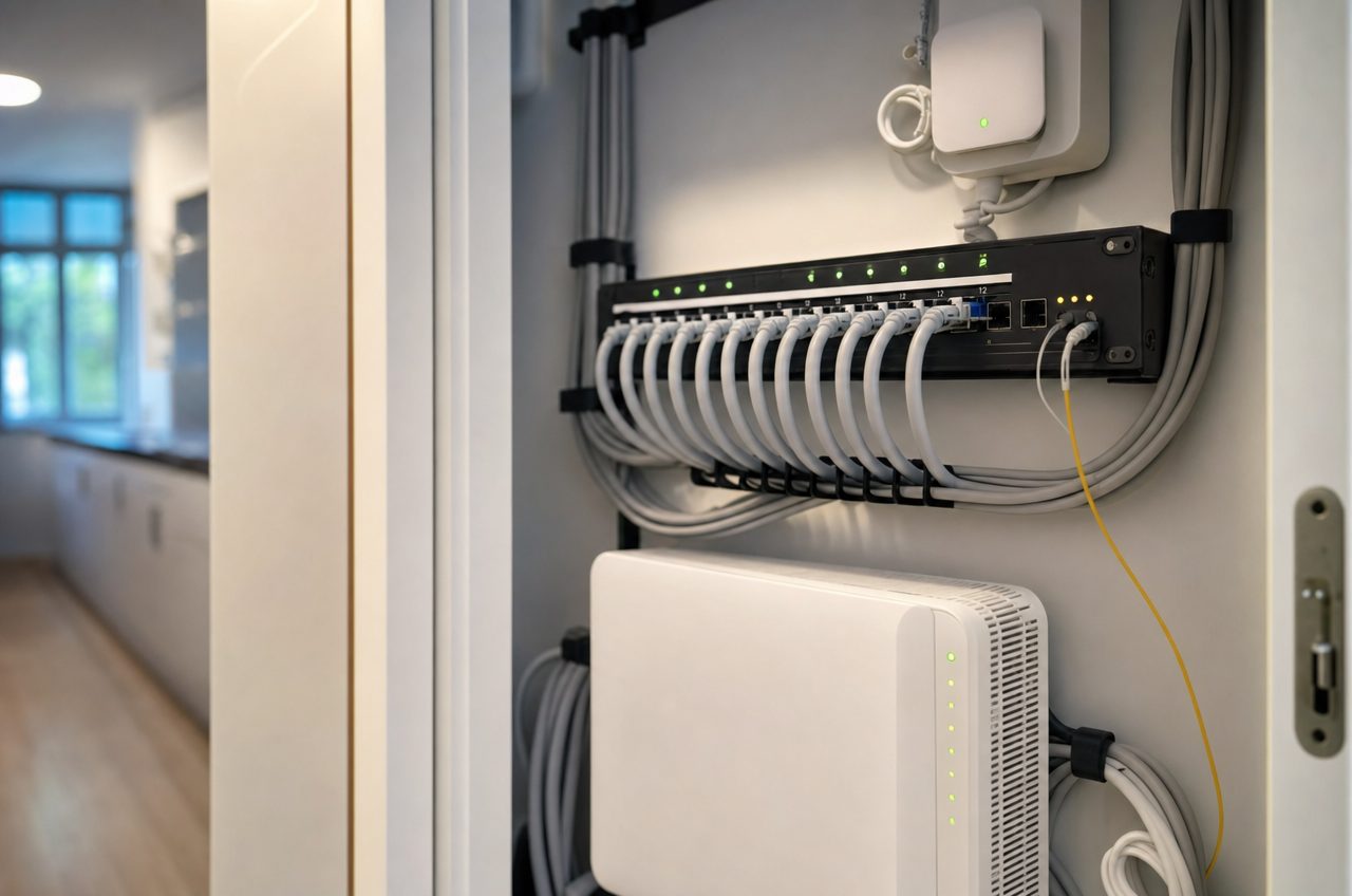 Armoire de brassage réseau domestique avec câbles Ethernet et fibre optique bien rangés