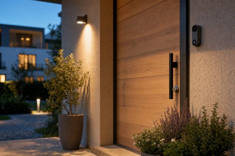 Porte d'entrée moderne avec sonnette connectée discrète et serrure connectée