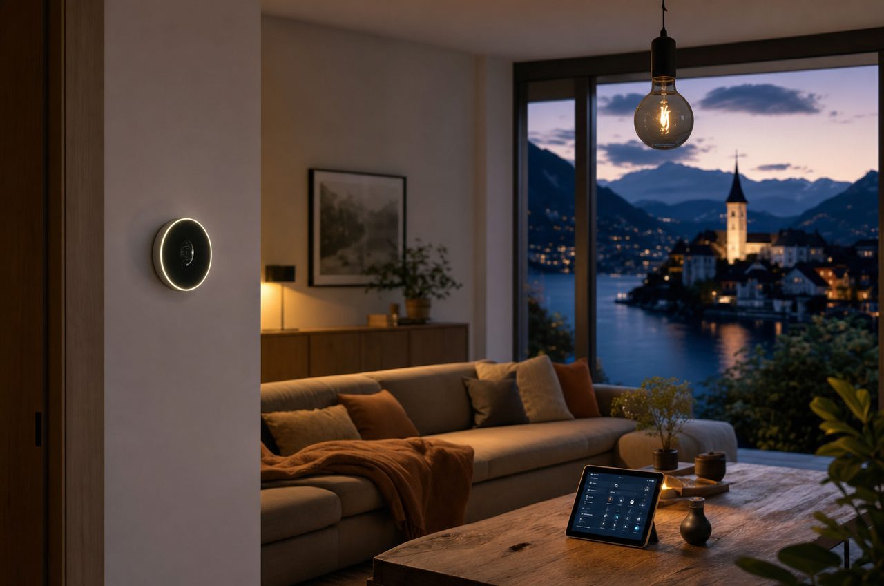 Salon moderne avec thermostat connecté au mur et tablette affichant un tableau de bord domotique, vue nocturne sur un village suisse au bord du lac