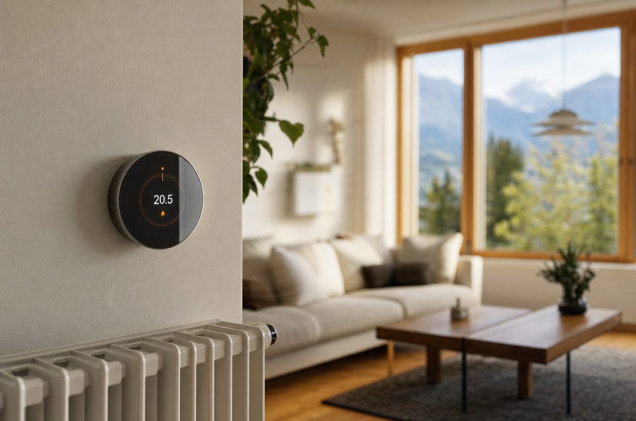 Thermostat connecté mural affichant 20,5 degrés au-dessus d'un radiateur, salon suisse avec vue sur les montagnes